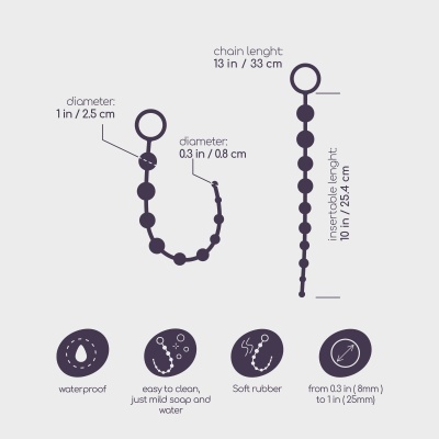 Diagrama com medidas e ícones descritivos para um produto em formato de corrente com bolas