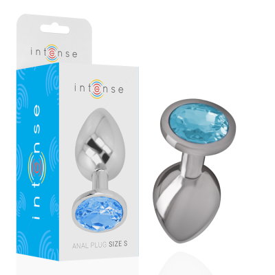 Plug anal prateado com pedra azul e embalagem azul e branca