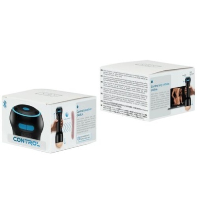 Embalagem do produto Control com imagem de dispositivo preto e detalhes azuis