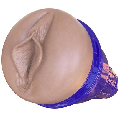 Masturbador masculino com textura em tom bege dentro de estojo azul.
