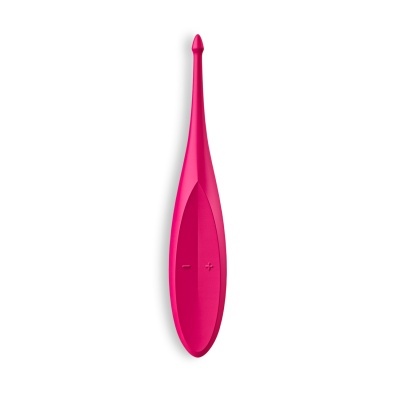 Aparelho cor-de-rosa com botões de mais e menos sobre fundo branco