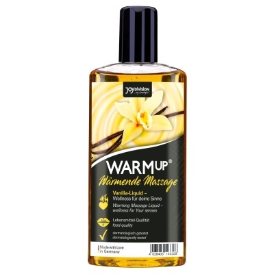 Frasco de líquido para massagem Bálsamo Warm Up com rótulo amarelo e preto