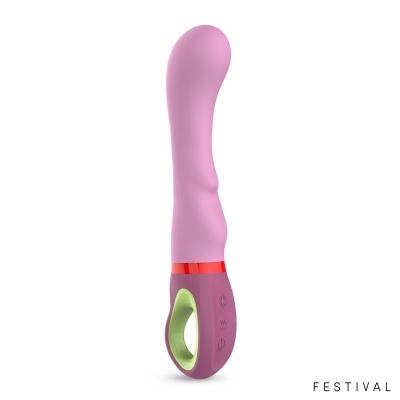 Vibrador rosa com ponta curva e cabo roxo com detalhes verdes e botões