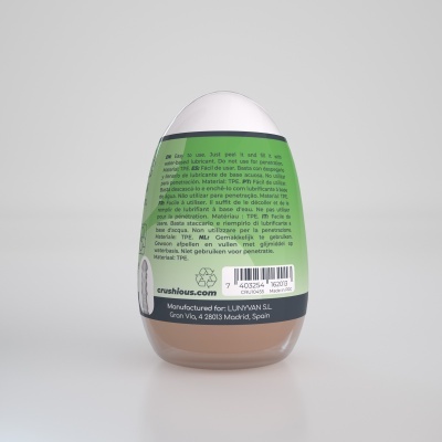 Frasco branco com rótulo verde a descrever uso e material, com código de barras