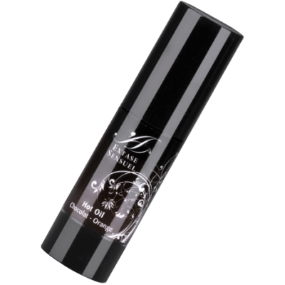 Frasco preto de óleo quente Extase Sensuel com texto branco e padrão floral