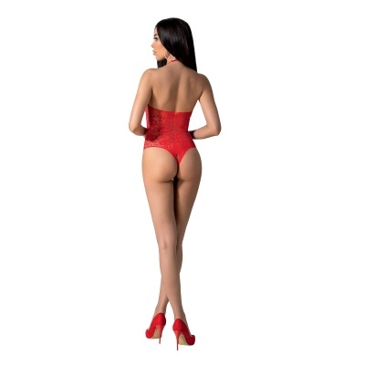 Mulher de costas com body rendado vermelho e saltos altos vermelhos