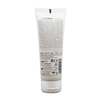 Frasco branco de gel lubrificante SUPERGLIDE ananás com texto na parte de trás