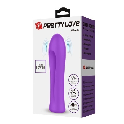Embalagem de vibrador roxo Pretty Love Alfreda com funcionalidades listadas