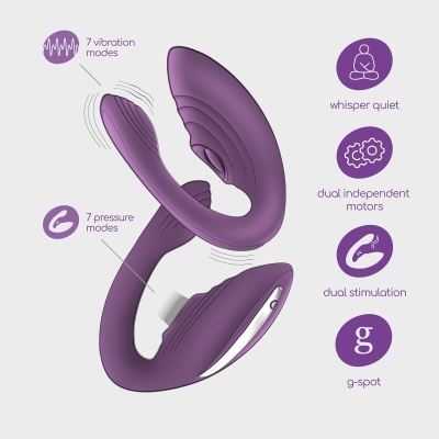 Dispositivo sexual roxo com várias funções e ícones informativos