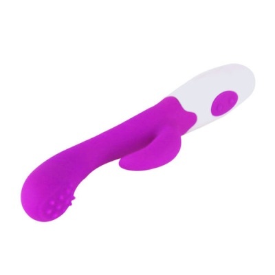 Vibrador roxo e branco com botão de controlo.