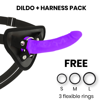 Pack com dildo roxo e arnês preto ajustável com três anéis flexíveis
