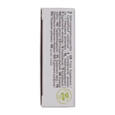 Embalagem de suplemento alimentar branca com texto multilingue e selo vegan verde