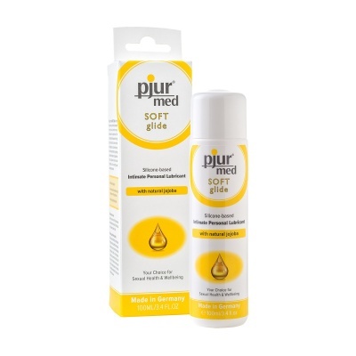 Frasco e caixa de lubrificante pessoal íntimo pjur med SOFT glide em branco e amarelo