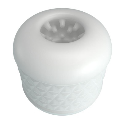 Produto branco cilíndrico com topo arredondado e padrão geométrico