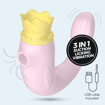 Vibrador rosa com coroa amarela e funções 3 em 1, incluindo cabo USB
