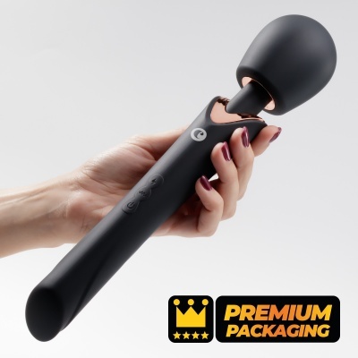 Massageador preto com detalhes dourados e selo de embalagem premium
