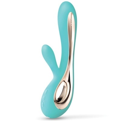 Vibrador azul turquesa com detalhes metálicos dourados