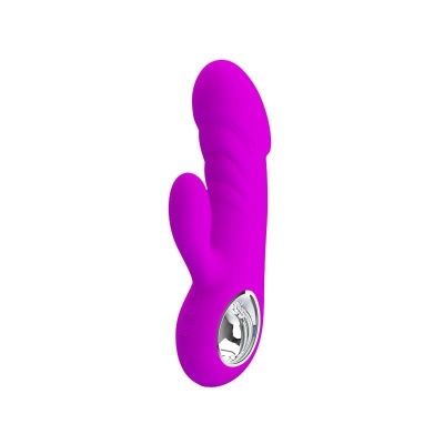 Vibrador roxo com detalhes metálicos e botões de controle