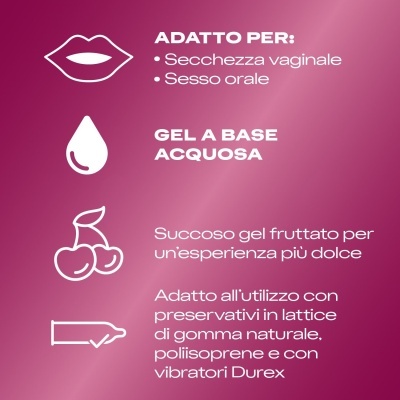 Texto em italiano sobre gel lubrificante à base de água com ícones em fundo cor-de-rosa