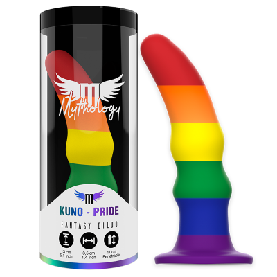 Dildo em cores pride com embalagem preta e texto