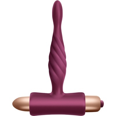 Vibrador roxo com detalhes dourados e textura em espiral