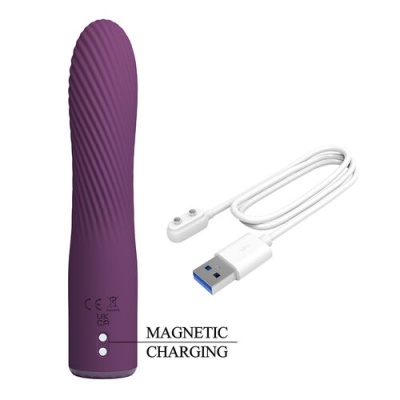 Vibrador roxo com textura ondulada e cabo USB para carregamento magnético