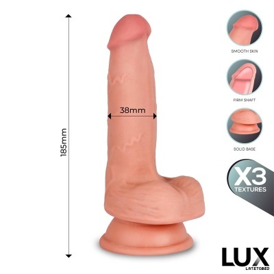 Dildo cor pele com textura e base sólida em fundo branco
