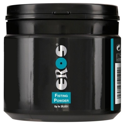 Recipiente preto de plástico com texto ERos e Fisting Powder