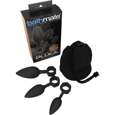 Conjunto de plugs anais pretos com embalagem e saco de transporte.