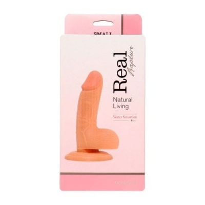 Embalagem de dildo cor pele com texto informativo em fundo rosa e branco