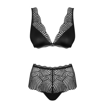 Conjunto de lingerie feminino preto com renda e padrão geométrico