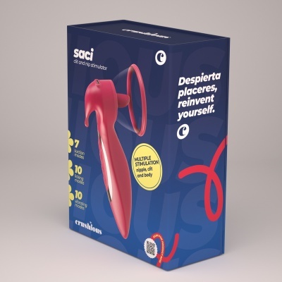 Embalagem azul escuro de estimulador sexual rosa Saci com texto e QR code