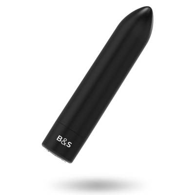 Vibrador preto com texto B&S na base, fundo branco