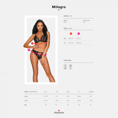Conjunto lingerie preta de renda Millagro com sutiã e cueca, modelo Mirka, tabela de tamanhos e medidas