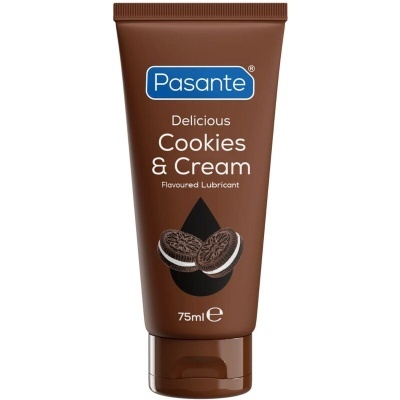 Tubo castanho de lubrificante sabor Cookies & Cream Pasante