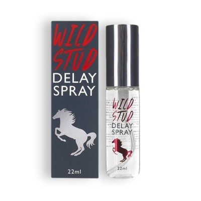 Spray WILD STUD Delay em frasco transparente com tampa metálica e caixa cinzenta