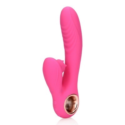 Vibrador rosa com textura ondulada e estimulador secundário em silicone.