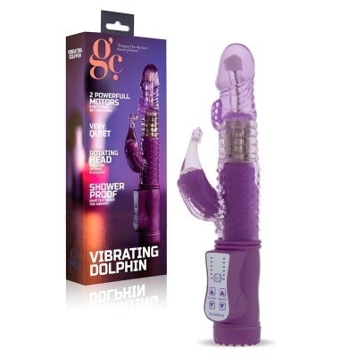 Vibrador roxo com embalagem roxa e texto em inglês