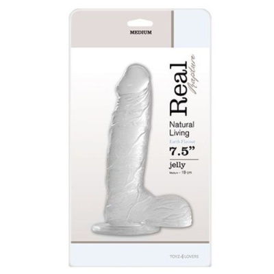 Dildo transparente jelly 19 cm em embalagem branca com texto preto