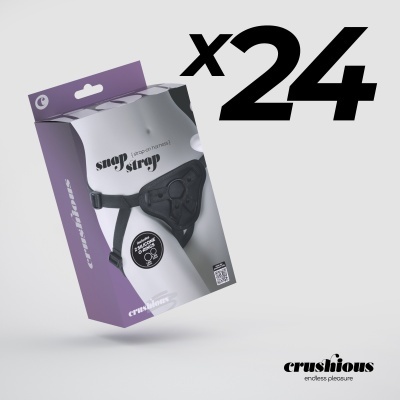 Embalagem de arnês strap-on preto com texto e selo em fundo branco e roxo