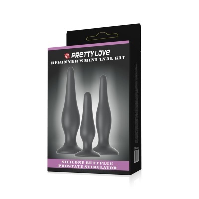 Caixa preta de kit Pretty Love com três plugs anais de silicone pretos