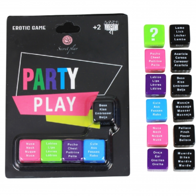 Jogo erótico PARTY PLAY com oito dados coloridos e embalagem preta.
