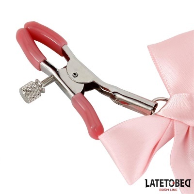 Clipes de metal com rebordo rosa e laço rosa claro com texto LATETOBED BDSM LINE