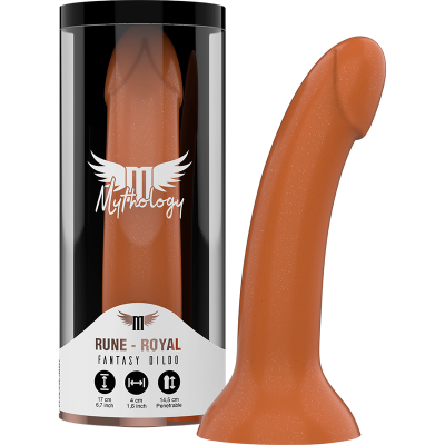 Dildo castanho com glitter e embalagem preta com texto Mythology