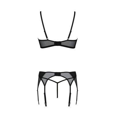 Conjunto de lingerie preta com soutien e cinta-liga em tecido transparente.