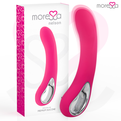 Vibrador rosa curvado com detalhe metalizado e embalagem branca com corações rosa
