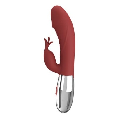 Vibrador vermelho com base prateada e apêndice em forma de coelho