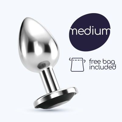 Plug metálico prateado com texto medium e free bag included