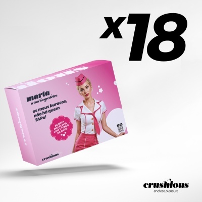 Caixa rosa com imagem de mulher em uniforme de aeromoça e texto promocional