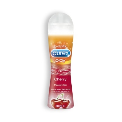 Gel lubrificante Durex Play sabor cereja em embalagem plástica com tampa branca e rótulo vermelho e laranja